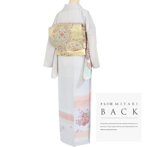 訪問着 リサイクル 身丈153.8cm 裄66cm 袷 花車柄 ぼかし 汕頭刺繍 相良刺繍 箔 グレー Sサイズ セミフォーマル お洒落 正絹 広衿 Bランク