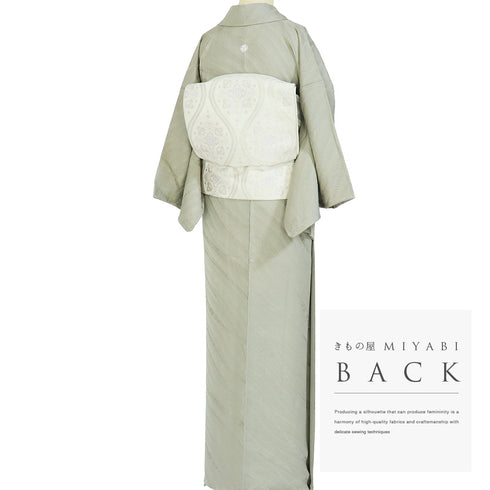 色無地 リサイクル 身丈157.3cm 裄63.2cm 袷 花柄 グリーン Mサイズ セミフォーマル 一つ紋 正絹 広衿 地紋あり Sランク