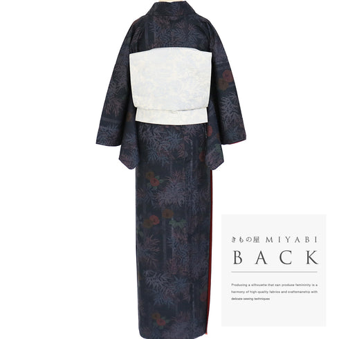 紬 リサイクル 身丈159.4cm 裄64.4cm 袷 染め紬 竹や椿柄 ネイビー Mサイズ お洒落 カジュアル しつけ糸 正絹 広衿 Sランク