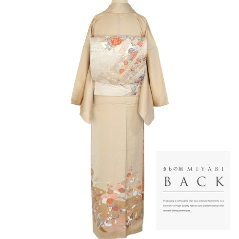 色留袖 リサイクル 身丈164cm 裄66.4cm 袷 鴛鴦に菊や松柄 比翼無し ベージュ Lサイズ 一つ紋 正絹 広衿 Sランク