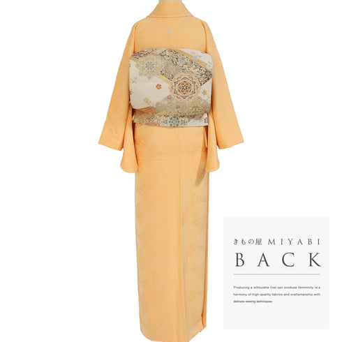 色無地 リサイクル 身丈161.2cm 裄64.8cm 袷 草花柄 オレンジ Lサイズ セミフォーマル お洒落 一つ紋 正絹 広衿 地紋あり Sランク