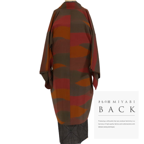 道中着 リサイクル 身丈103cm 裄64.4cm 袷 ロング丈 抽象柄 バチ衿 ブラウン Sサイズ カジュアル 正絹 Sランク