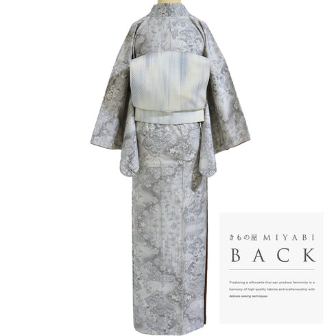 紬 リサイクル 身丈161.3cm 裄65.6cm 袷 地紙に松や花柄 麻の葉柄 グレー Lサイズ カジュアル しつけ糸 正絹 広衿 Sランク