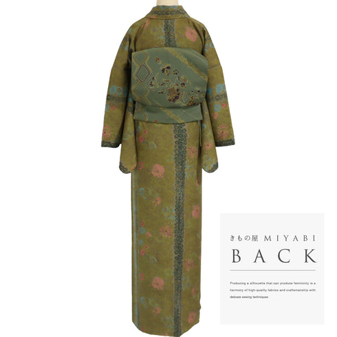 小紋 リサイクル 身丈166.7cm 裄67.8cm 袷 変わり織り 絞り模様 グリーン LLサイズ お洒落 正絹 広衿 Aランク