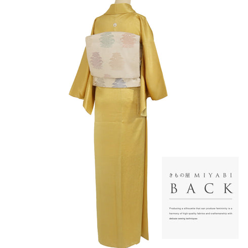 色無地 リサイクル 身丈164.5cm 裄63.2cm 袷 菊柄 イエロー Lサイズ フォーマル セミフォーマル 一つ紋 正絹 広衿 地紋あり Sランク