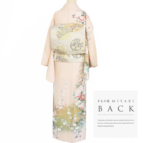 訪問着 リサイクル 身丈157.2cm 裄65.6cm 袷 牡丹に菊柄 金駒刺繍 箔 ピンク Mサイズ セミフォーマル お洒落 正絹 広衿 Sランク