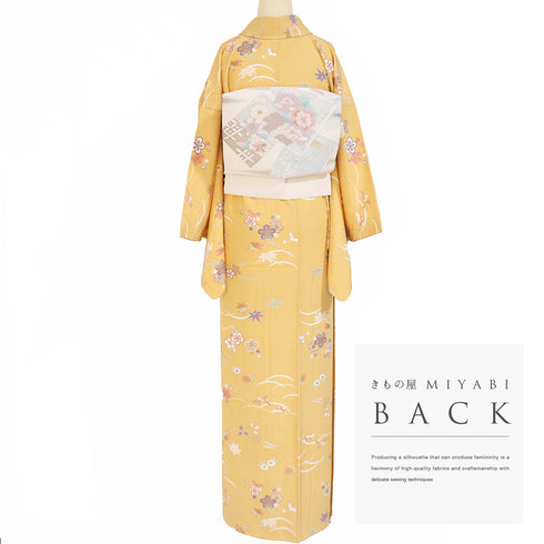 小紋 リサイクル 身丈164.5cm 裄66.4cm 袷 花や鳥柄 オレンジ Lサイズ お洒落 カジュアル 正絹 広衿 Sランク