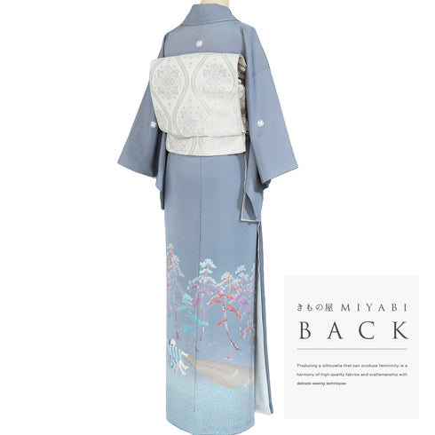 色留袖 リサイクル 身丈152.5cm 裄62cm 袷 童柄 松林柄 地引網風景 比翼付き グレー Sサイズ セミフォーマル 落款 三つ紋 正絹 広衿 Aランク