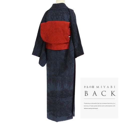 付下げ リサイクル 袷 付下げ小紋柄 紅型調柄 ネイビー 規格外サイズ お洒落 正絹 広衿