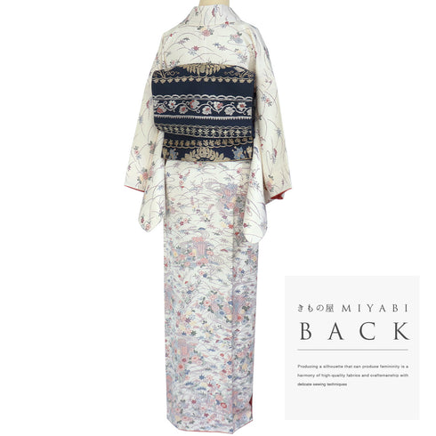 小紋 リサイクル 身丈158cm 裄63.8cm 袷 付け下げ小紋 花車に楓や松模様 ホワイト Mサイズ お洒落 カジュアル 正絹 広衿 Aランク