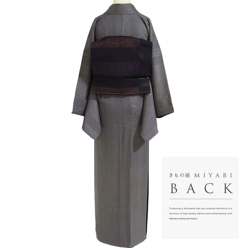 小紋 リサイクル 身丈158cm 裄65.3cm 袷 縦縞模様 地紋 ガード加工 パープル Mサイズ お洒落 正絹 広衿 Sランク