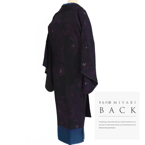 道中着 リサイクル 身丈120cm 裄67.2cm 単衣 ペイズリー柄 地紋 箔 ロング丈 ブラック Lサイズ お洒落 正絹 Sランク