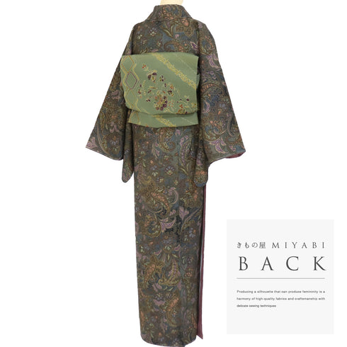 小紋 リサイクル 身丈160.8cm 裄68.4cm 袷 グリーン Lサイズ お洒落 正絹 広衿 Sランク