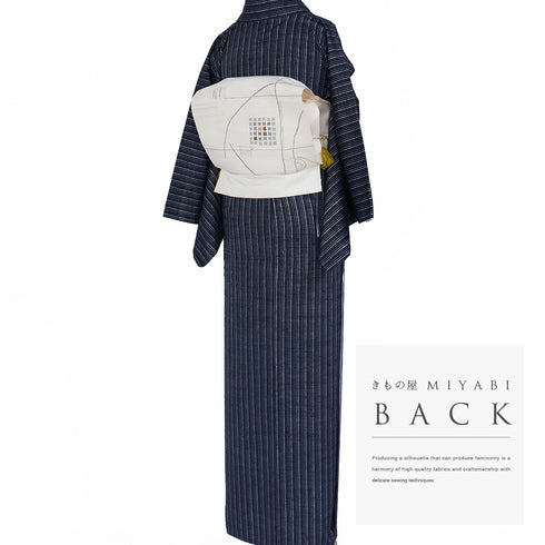 紬 リサイクル 身丈160.2cm 裄63.5cm 袷 縞柄 ネイビー Mサイズ カジュアル お洒落 正絹 広衿 Sランク