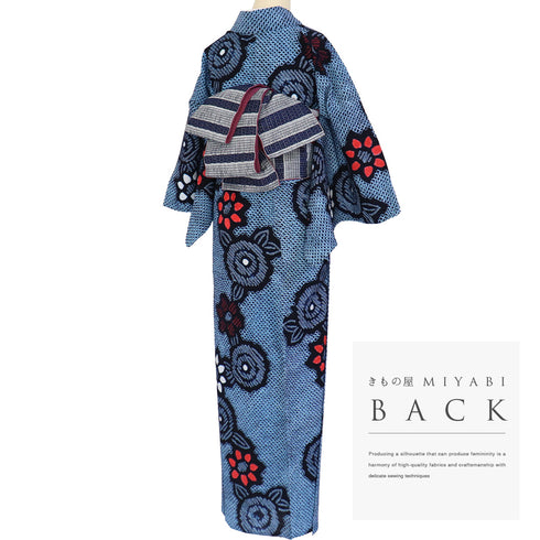 浴衣 リサイクル 夏着物 身丈157.8cm 裄64.4cm 夏物 花柄 有松鳴海本絞り ブルー Mサイズ カジュアル 木綿 洗える着物 バチ衿 Sランク