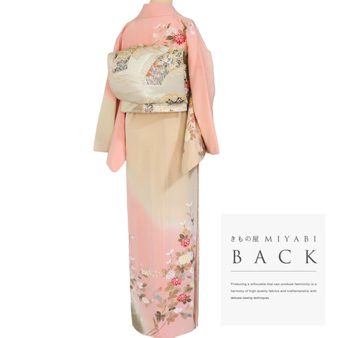 訪問着 リサイクル 身丈166.5cm 裄68.6cm 袷 菊柄 箔 胴裏化繊 ピンク LLサイズ セミフォーマル お洒落 正絹 広衿 Sランク