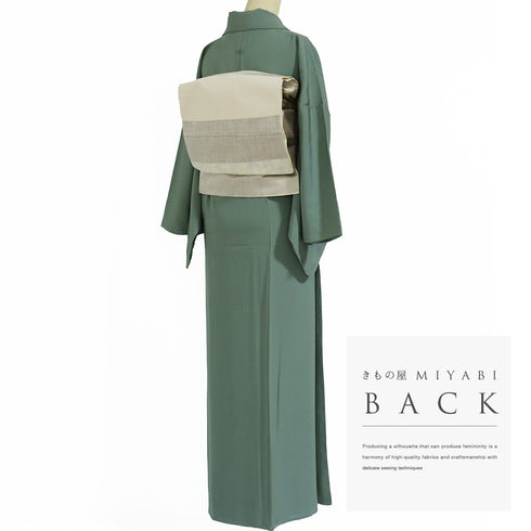 色無地 リサイクル 身丈155cm 裄68.4cm 袷 グリーン Sサイズ セミフォーマル 一つ紋 しつけ糸 正絹 広衿 Sランク