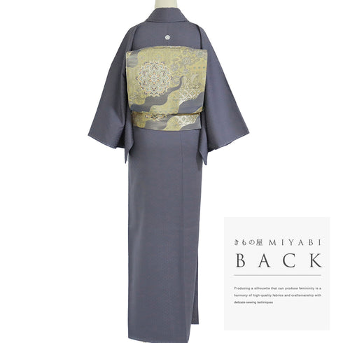 色無地 リサイクル 身丈158cm 裄62.4cm 袷 七宝柄 パープル Mサイズ セミフォーマル お洒落 一つ紋 正絹 広衿 地紋あり Sランク