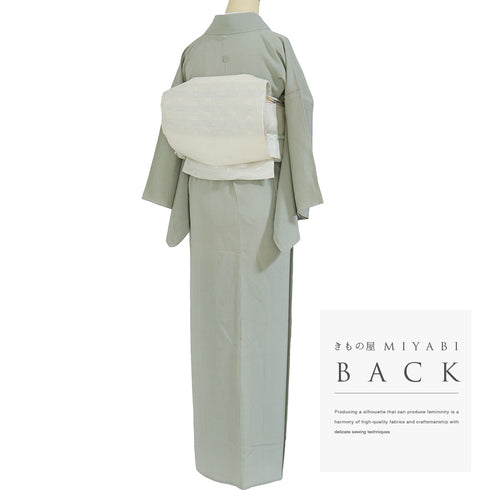 色無地 リサイクル 身丈154.5cm 裄62cm 単衣 グリーン Sサイズ セミフォーマル 落款 一つ紋 正絹 広衿 Sランク