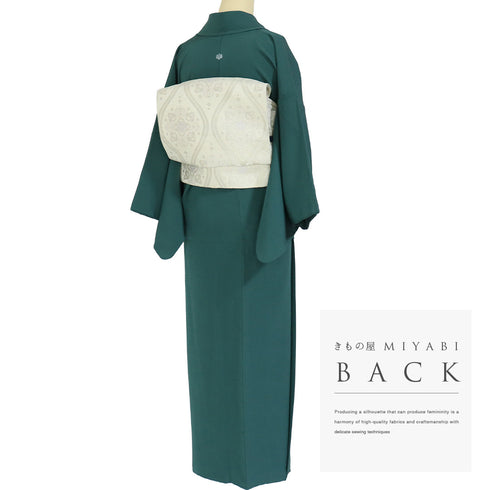 色無地 リサイクル 身丈153.5cm 裄63cm 袷 グリーン Sサイズ セミフォーマル 一つ紋 正絹 広衿 地紋なし Sランク