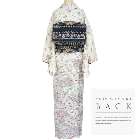 小紋 リサイクル 身丈158cm 裄63.8cm 袷 付け下げ小紋 花車に楓や松模様 ホワイト Mサイズ お洒落 カジュアル 正絹 広衿 Aランク