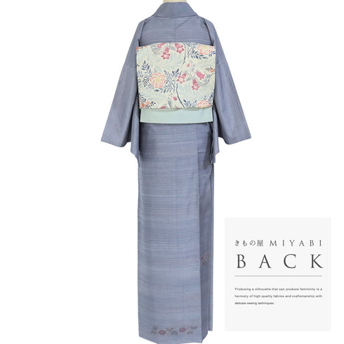 訪問着 リサイクル 身丈167.8cm 裄64.8cm 袷 紬 若干ゆったりサイズ 鳳凰柄 花柄 ブルー LLサイズ お洒落 正絹 広衿 Aランク