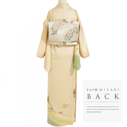 付下げ リサイクル 身丈159.5cm 裄66.4cm 袷 扇子や菊柄 金駒刺繍 箔 ゆったりサイズ オレンジ Mサイズ セミフォーマル お洒落 正絹 広衿 Sランク