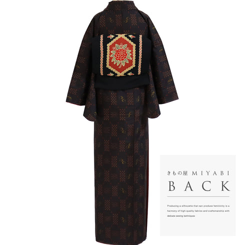 紬 リサイクル 身丈163.3cm 裄66.4cm 袷 伊勢崎絣 絣柄 ブラック Lサイズ お洒落 カジュアル 証紙 しつけ糸 正絹 広衿 Sランク