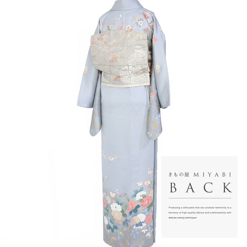 訪問着 リサイクル 身丈162cm 裄66.4cm 袷 花各種柄 ブルー Lサイズ セミフォーマル お洒落 正絹 広衿 Aランク