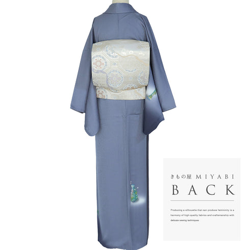 付下げ リサイクル 身丈161.5cm 裄68.4cm 袷 おしゃれ花瓶・ぶどう柄 押し花あり ブルー Lサイズ お洒落 正絹 広衿 Sランク