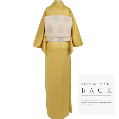 色無地 リサイクル 身丈164.5cm 裄63.2cm 袷 菊柄 イエロー Lサイズ フォーマル セミフォーマル 一つ紋 正絹 広衿 地紋あり Sランク