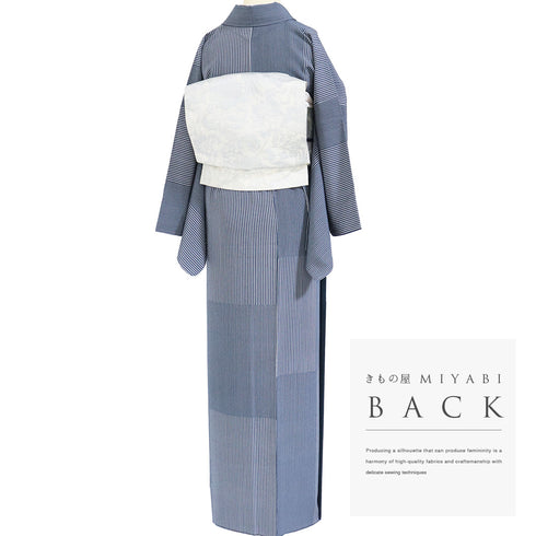 小紋 リサイクル 身丈160.5cm 裄66.8cm 袷 デザイン縞柄 ブルー Lサイズ お洒落 カジュアル 正絹 広衿 Sランク