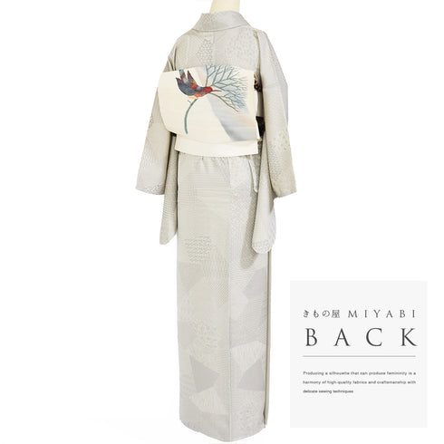 小紋 リサイクル 身丈169cm 裄66.6cm 袷 裂取り柄 お召し 地紋 ベージュ LLサイズ お洒落 正絹 広衿 Sランク