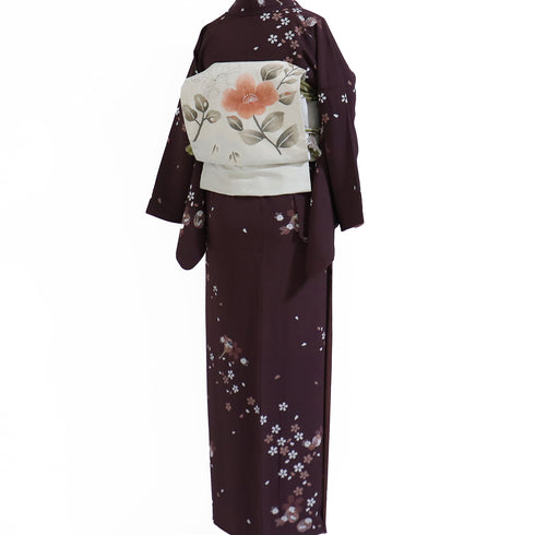 小紋 リサイクル 身丈1656cm 裄64.4cm 袷 ぽっくりや鈴や桜散らし柄 パープル LLサイズ お洒落 カジュアル 正絹 広衿 Sランク