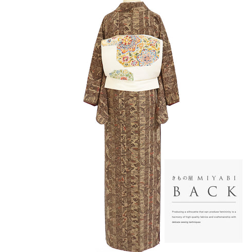 小紋 リサイクル 身丈155.2cm 裄63cm 袷 寄せ柄 ブラウン Sサイズ お洒落 カジュアル 正絹 広衿 Aランク