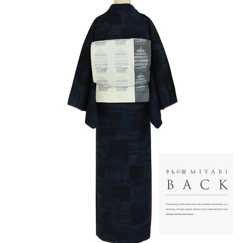 紬 リサイクル 身丈162cm 裄65.8cm 袷 デザイン格子模様 ブルー Lサイズ お洒落 カジュアル しつけ糸 正絹 広衿 Sランク