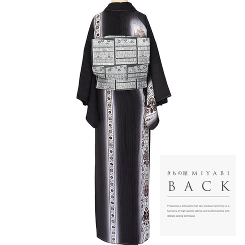 訪問着 リサイクル 身丈158.5cm 裄62.2cm 袷 立涌に唐花模様 地紋 長居賢珠 ブラック Mサイズ お洒落 落款 しつけ糸 正絹 広衿 未使用品