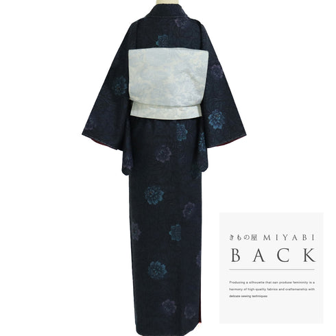 大島紬 リサイクル 身丈160.7cm 裄63.8cm 袷 花 唐草 ネイビー Lサイズ お洒落 カジュアル しつけ糸 正絹 広衿 Sランク