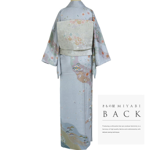 訪問着 リサイクル 身丈157.5cm 裄64.8cm 袷 道長取り 花柄 箔加工 ブルー Mサイズ セミフォーマル 正絹 広衿 Sランク