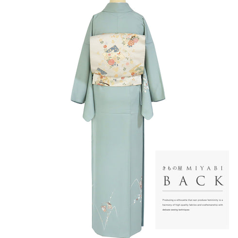 付下げ リサイクル 身丈160cm 裄66.8cm 袷 丸に扇子柄 金駒刺繍 グリーン Mサイズ セミフォーマル お洒落 正絹 広衿 Sランク