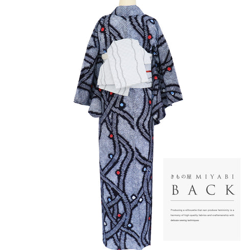 浴衣 リサイクル 夏着物 身丈148.6cm 裄62.8cm 夏物 絞り デザイン曲線柄 ネイビー SSサイズ カジュアル しつけ糸 木綿 洗える着物 バチ衿 Sランク