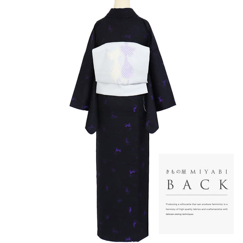 小紋 リサイクル 身丈163.5cm 裄66cm 単衣 猫柄 ゆったりサイズ ブラック Lサイズ お洒落 カジュアル 混合 洗える着物 広衿 Sランク