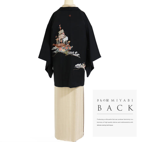 黒羽織 リサイクル 身丈81cm 裄65.2cm 袷 黒絵羽 帆船柄 相良刺繍 汕頭刺繍 ブラック Mサイズ フォーマル 一つ紋 正絹 Sランク