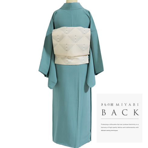 色無地 リサイクル 身丈159.5cm 裄66.4cm 袷 グリーン Mサイズ お洒落 カジュアル しつけ糸 正絹 広衿 地紋なし Sランク