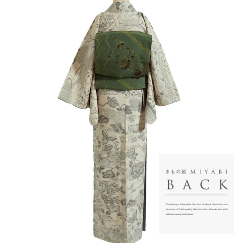 紬 リサイクル 身丈168.8cm 裄66.2cm 袷 花柄 蝶柄 ガード加工 アイボリー LLサイズ お洒落 カジュアル 正絹 広衿 Sランク