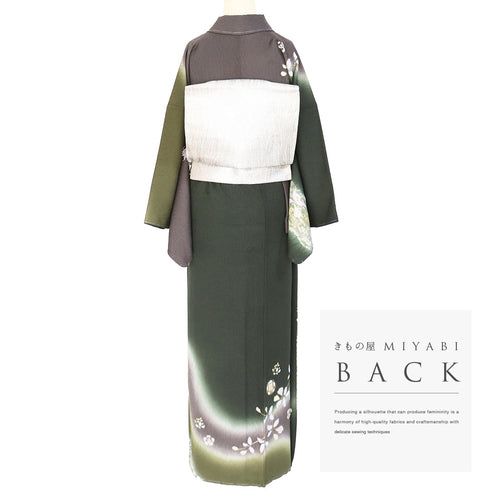 訪問着 リサイクル 身丈157.7cm 裄67.6cm 袷 花柄 ぼかし 絞り 金駒刺繍 グリーン Mサイズ お洒落 落款 しつけ糸 正絹 広衿 Aランク