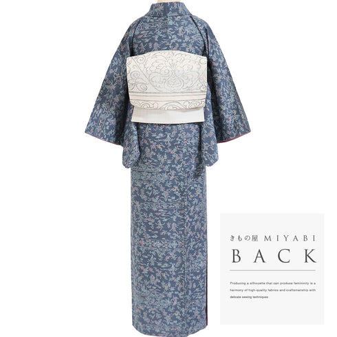 紬 リサイクル 身丈162cm 裄64cm 袷 染め紬 花と鳥柄 ブルー Lサイズ カジュアル お洒落 正絹 広衿 Sランク