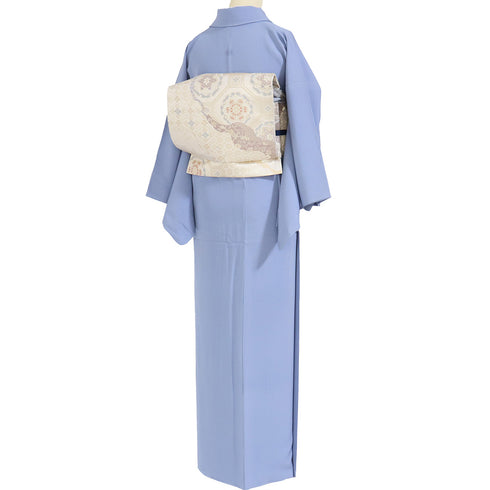 色無地 リサイクル 身丈157.7cm 裄63cm 袷 パールトーン加工 ブルー Mサイズ セミフォーマル お洒落 一つ紋 正絹 広衿 地紋なし Sランク