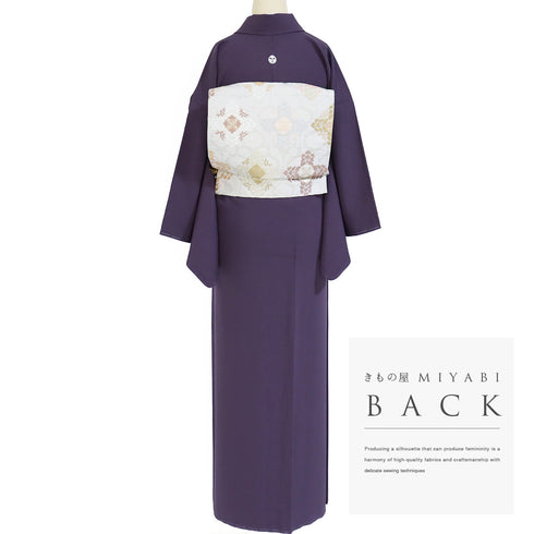 色無地 リサイクル 身丈158.2cm 裄66cm 袷 パープル Mサイズ セミフォーマル お洒落 一つ紋 しつけ糸 正絹 広衿 地紋なし Sランク