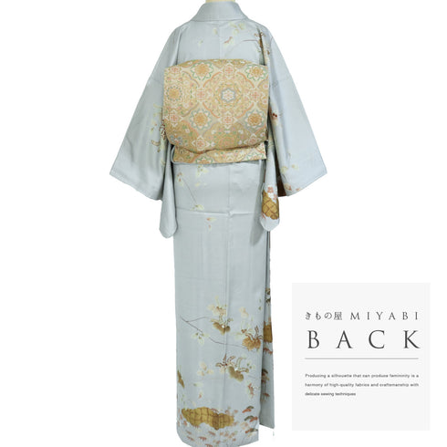 訪問着 リサイクル 身丈159.5cm 裄64.4cm 袷 桐柄 松竹梅柄 金駒刺繍 箔加工 グレー Mサイズ フォーマル セミフォーマル しつけ糸 正絹 広衿 Sランク